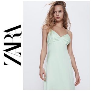 ZARA Spring Green Satin Effect Cut Out Midi Dress